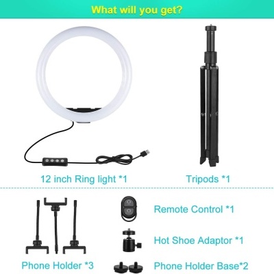 Conjunto de ring light LED de 12 polegadas com acessórios pretos e brancos