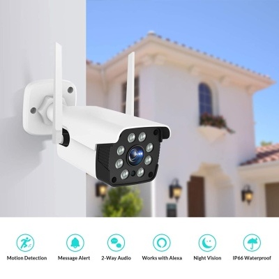 Câmara de segurança branca instalada em parede exterior com LEDs em redor da lente