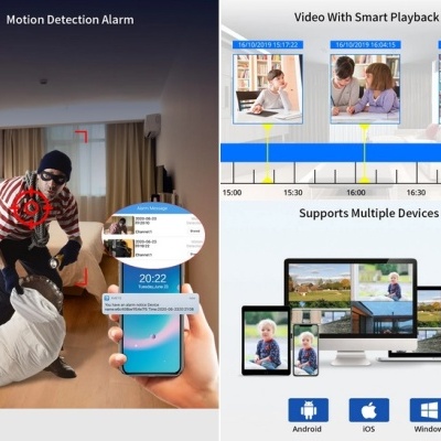 Alarme de deteção de movimento com vídeo de reprodução inteligente e suporte multi-dispositivo.