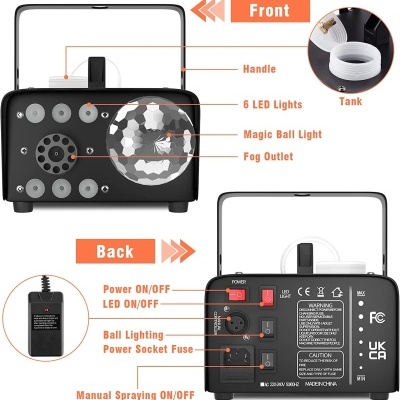 Dispositivo preto de nebulização com luzes LED e painéis frontais e traseiros com controles
