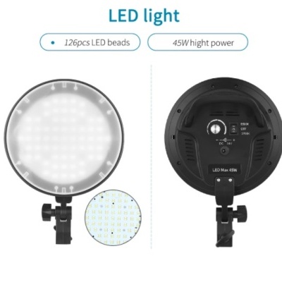 Luz LED redonda branca com 126 LEDs e controlo de intensidade na parte traseira preta