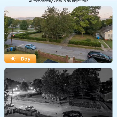Vista de rua residencial com carros e árvores de dia e de noite em preto e branco.