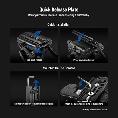 Instruções de instalação de placa de libertação rápida para câmara com texto e setas azuis em fundo preto.