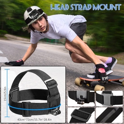 Pessoa com capacete e câmara montada na tira da cabeça andando de skate