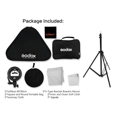 Conjunto Godox com softboxes, bolsas, panos e tripés em preto