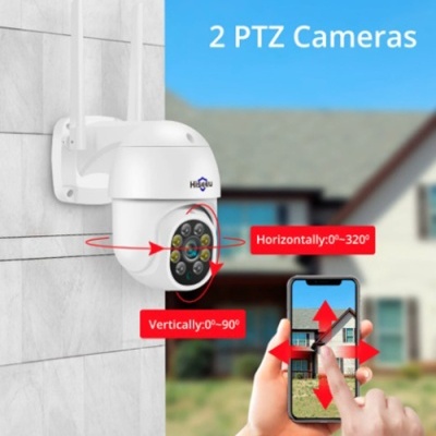 Câmara de vigilância PTZ branca montada numa parede com smartphone a controlar