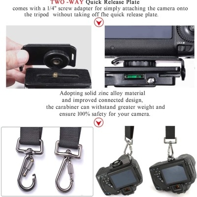 Placa de liberação rápida para tripé de câmera com mosquetão e câmera acoplada