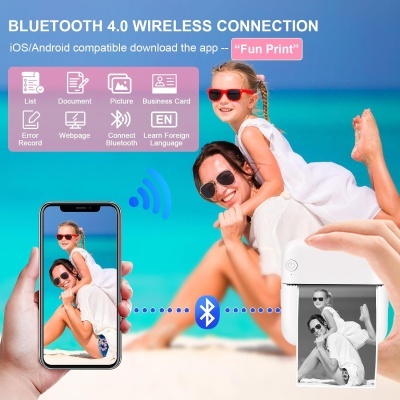 Impressora fotográfica portátil branca e telemóvel com imagem de mãe e filha na praia, texto Bluetooth 4.0 e ícones de funções