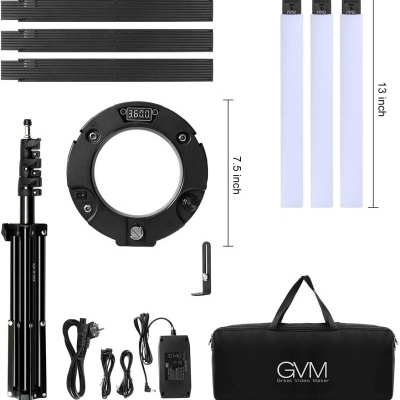 Conjunto de iluminação para fotografia com tripé, barras LED e bolsa