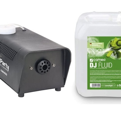 Máquina de fumos preta e recipiente branco de fluido DJ FLUID