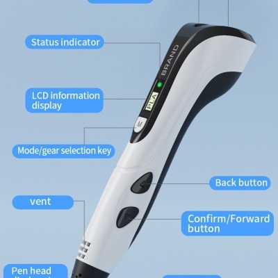 Caneta eletrónica branca e preta com botões e visor LCD etiquetados