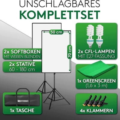 Conjunto de equipamento fotográfico com softboxes, estativos, lâmpadas CFL, fundo verde, molas e bolsa preta.