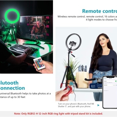 Luzes de anel RGB com tripés e controlo Bluetooth mostradas em contexto de fotografia e transmissão