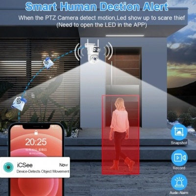 Sistema de segurança com câmara PTZ a detectar movimento humano à entrada de casa