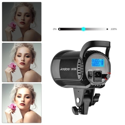 Equipamento de iluminação fotográfica Andoer LANTERN com visor azul ao lado de três fotos femininas com diferentes iluminação
