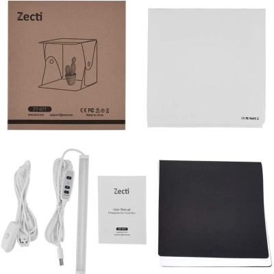 Conjunto de produtos Zecti com caixa castanha, painel branco, cabo elétrico, manual e painel preto