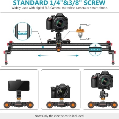 Slider de câmera preto e laranja com parafusos STANDARD 1/4'' & 3/8'' ajustável com câmeras e smartphone