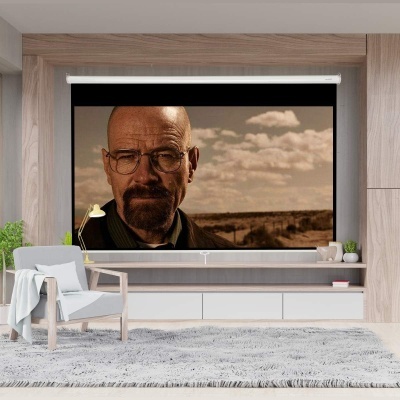 Ecrã de projeção branco suspenso numa parede de madeira com imagem de homem de barba e óculos, em sala moderna com cadeira e tapete cinzentos.