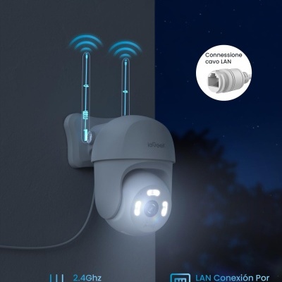 Câmara de segurança exterior branca montada numa parede cinza com antenas e luzes LED ao redor da lente