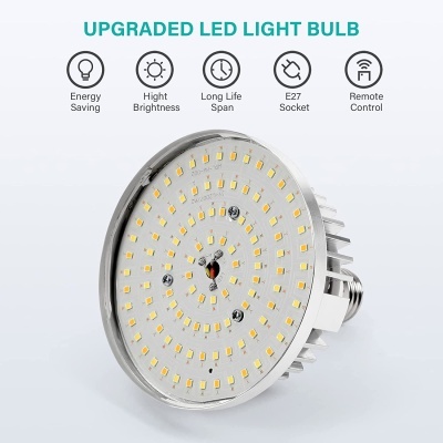 Lâmpada LED equipada com múltiplos LEDs dispostos em círculo e texto descritivo