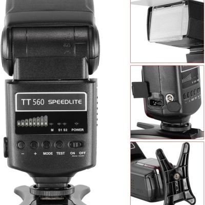 Flash externo para câmara TT 560 SPEEDLITE preto com luz difusora e botões em várias perspetivas