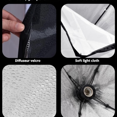 Detalhes de softbox para iluminação fotográfica mostrando velcro, tecido branco, superfície refletora prateada e encaixe para lâmpada E27.