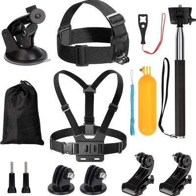 Acessórios para câmara de ação incluindo suportes, arnês, flutuador, ferramentas e saco preto.