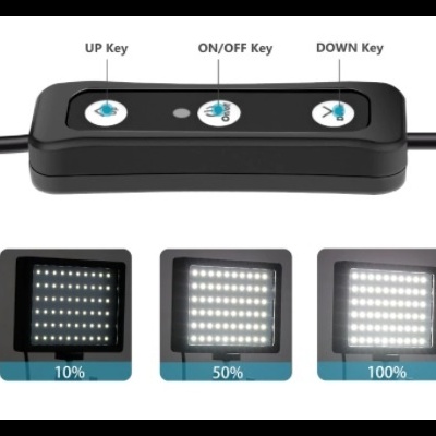 Controle remoto preto com botões para ajuste de luz LED mostrando três níveis de brilho