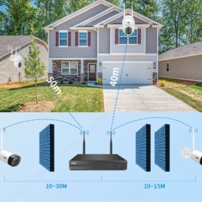 Casa cinza com sistema de vigilância com câmaras, painéis solares e dispositivo central