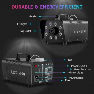 Máquina de nevoeiro LED preta com etiquetas e luzes indicadoras