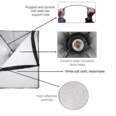 Caixa refletora para iluminação com suporte de barras, tecido branco destacável e cabeça de lâmpada cerâmica