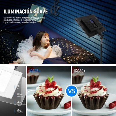 Montagem de imagens com menina num sofá, cupcakes e gráfico comparativo de iluminação