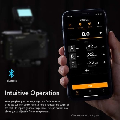 Smartphone com aplicação Godox para controlo remoto de flash de câmara