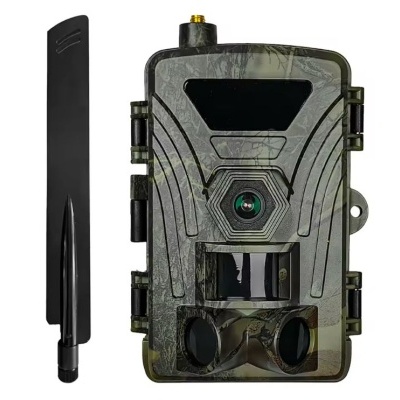 Câmara de vigilância camuflada verde e preta com antena preta separada