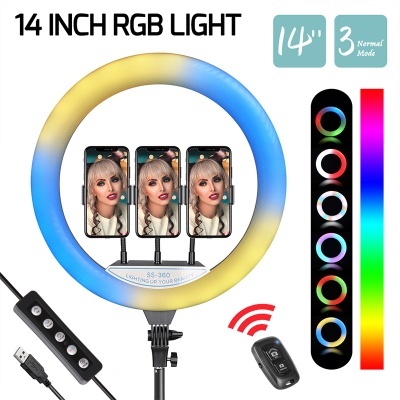 Anel de luz LED RGB de 14 polegadas com suporte para três telemóveis e controlador USB
