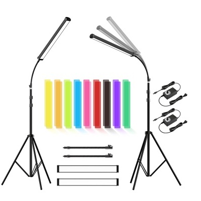 Conjunto de iluminação LED com tripés, filtros coloridos e controladores