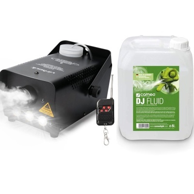 Máquina de fumaça preta com luzes LED com controlo remoto e recipiente de fluido DJ FLUID