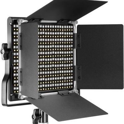 Painel de luz LED quadrado com abas de controlo de luz e tripé preto