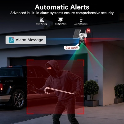 Câmara de segurança com alarme automático detetando intruso à noite