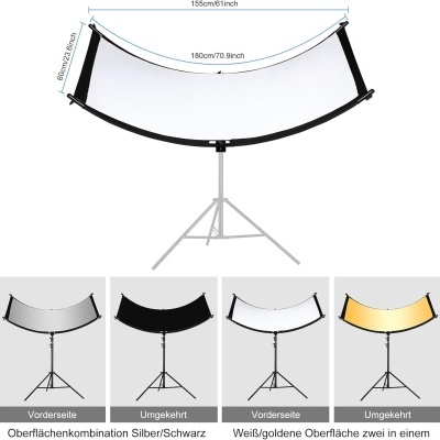 Difusor de luz fotográfico curvo com suporte e múltiplas superfícies coloridas