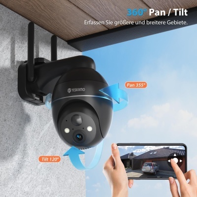 Câmara de segurança preta Yeskamo montada numa parede com tela de smartphone a controlar a visão da câmara