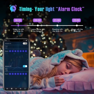 Criança a dormir, telemóvel com app de programação e texto em inglês sobre alarmes