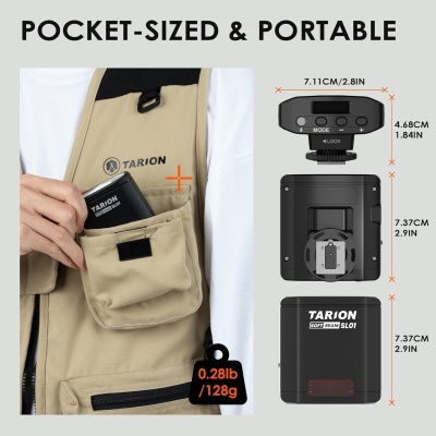 Dispositivo preto TARION SOFT BEAM SL01 a ser guardado num bolso beige de colete