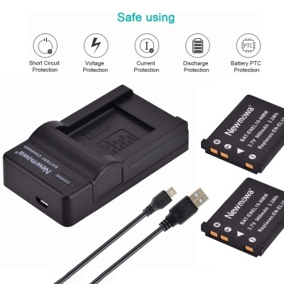 Carregador de bateria preto com duas baterias e cabo USB