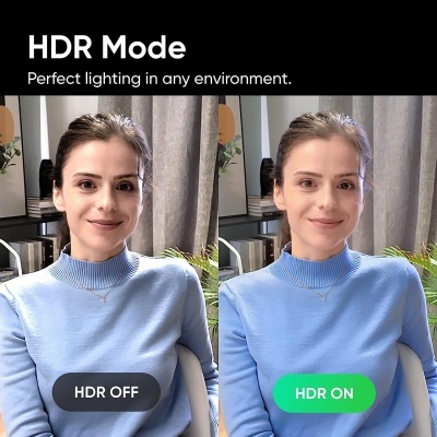 Comparação de duas fotos da mesma mulher com uma camisola azul clara, uma com HDR desligado e outra com HDR ligado.