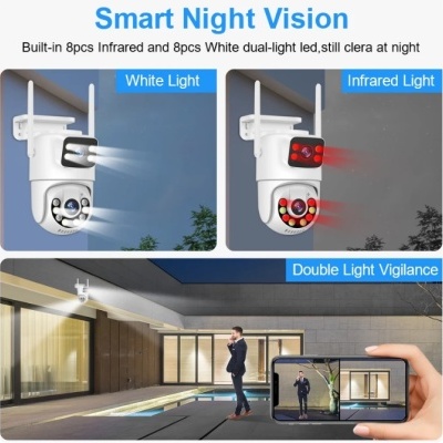 Câmara de vigilância branca com LEDs LED e visão noturna demonstrada em uso externo.