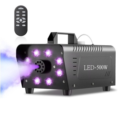 Máquina geradora de nevoeiro LED-500W cinzenta com luzes LED roxas e controlo remoto preto