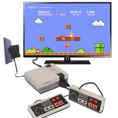Console retro NES Classic com dois controles e jogo Super Mario Bros visível na TV