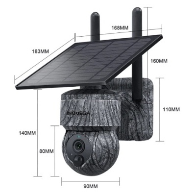 Câmara de vigilância exterior com painel solar e textura cinza tipo pedra