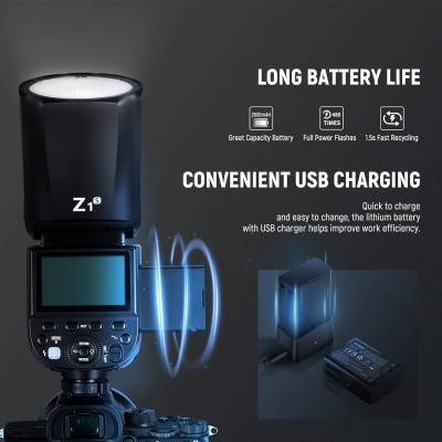 Flash de câmara com texto sobre bateria e carregamento USB